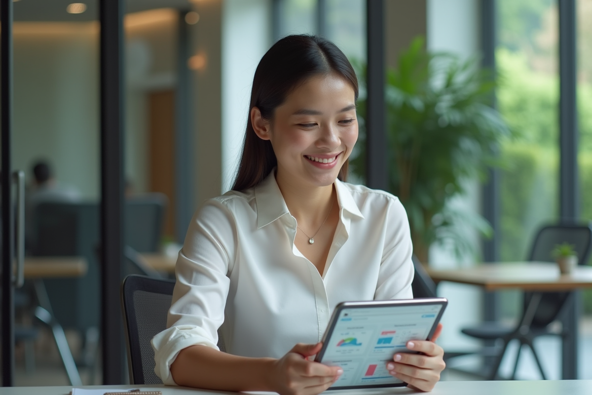 Femme en bureau moderne utilisant une tablette avec dashboards sociaux