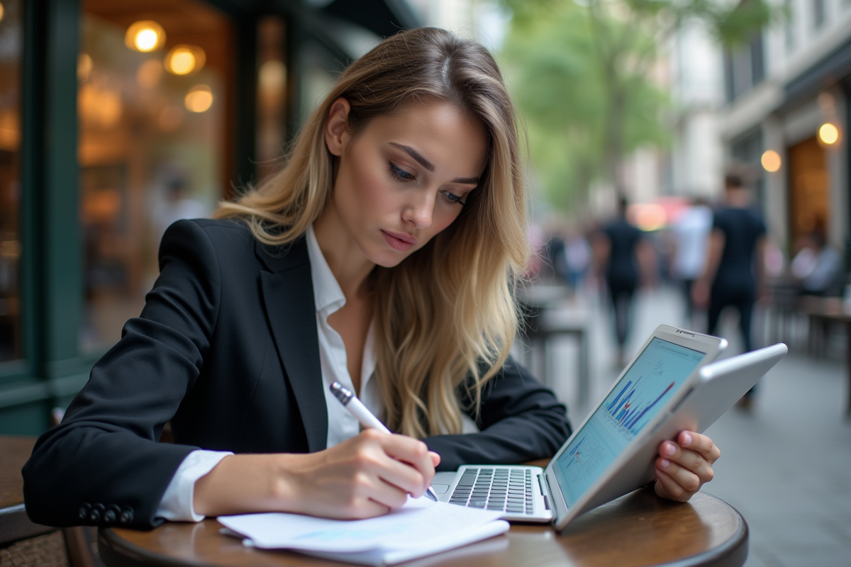 Femme en extérieur au café utilisant une tablette pour le SEO