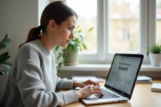 Femme tapant sur un clavier mécanique avec un document en français affiché à l'écran, illustrant les raccourcis clavier pour saisir un É majuscule accentué
