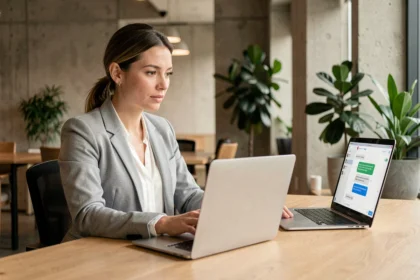 Femme professionnelle comparant Claude AI et ChatGPT sur deux ordinateurs portables dans un bureau moderne