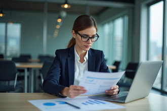 Femme d'affaires en réunion avec document ISO 27001