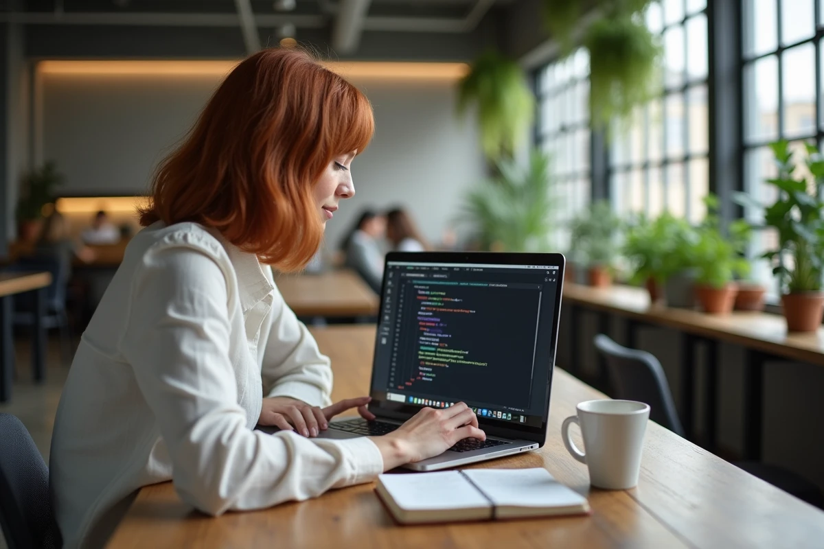 Femme développeuse utilisant pip dans un terminal Python dans un espace de coworking