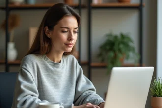 Femme utilisant une adresse email jetable sur son ordinateur portable dans un bureau à domicile moderne