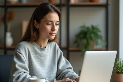 Femme utilisant une adresse email jetable sur son ordinateur portable dans un bureau à domicile moderne