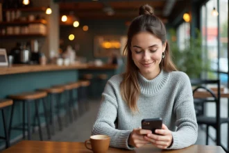 Femme utilisant un iPhone 14 dans un café, comparaison des modèles selon l'usage quotidien