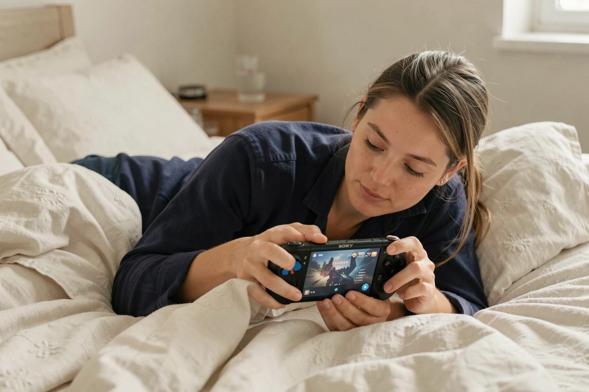 Femme jouant sur la console portable Sony PlayStation Portal allongée sur son lit, usage à domicile comme alternative à une deuxième PS5