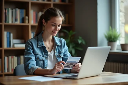 Femme en denim compare photo et ordinateur dans un intérieur