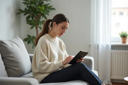 Femme lisant un livre Kindle sur une liseuse électronique confortablement installée dans un salon minimaliste