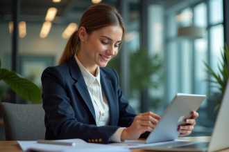 Femme professionnelle analysant des graphiques marketing sur une tablette