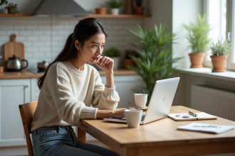 Jeune femme compare sites photo sur son laptop dans la cuisine