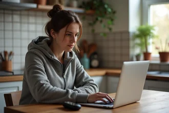 Femme utilisant un GPS et un ordinateur dans une cuisine chaleureuse