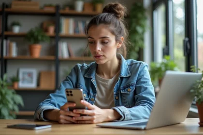 Jeune femme regardant son iPhone dans un bureau moderne