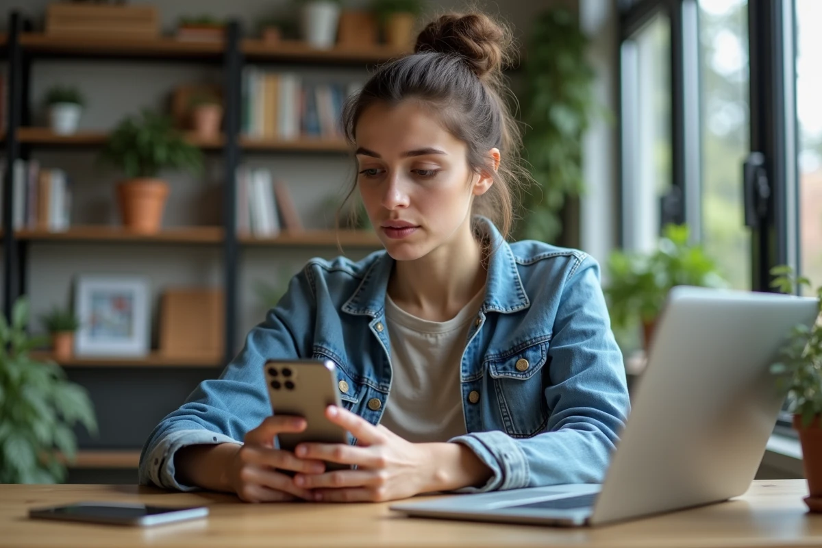 Jeune femme regardant son iPhone dans un bureau moderne