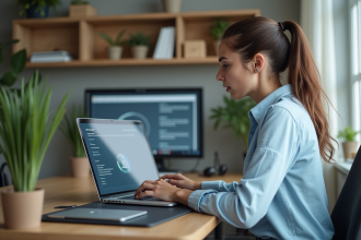 Femme concentrée utilisant un ordinateur en bureau calme