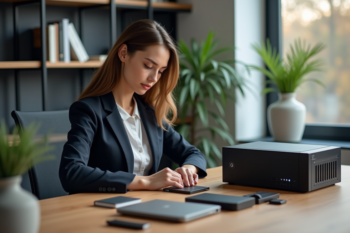 Jeune femme organisée avec disques durs et NAS dans un bureau moderne