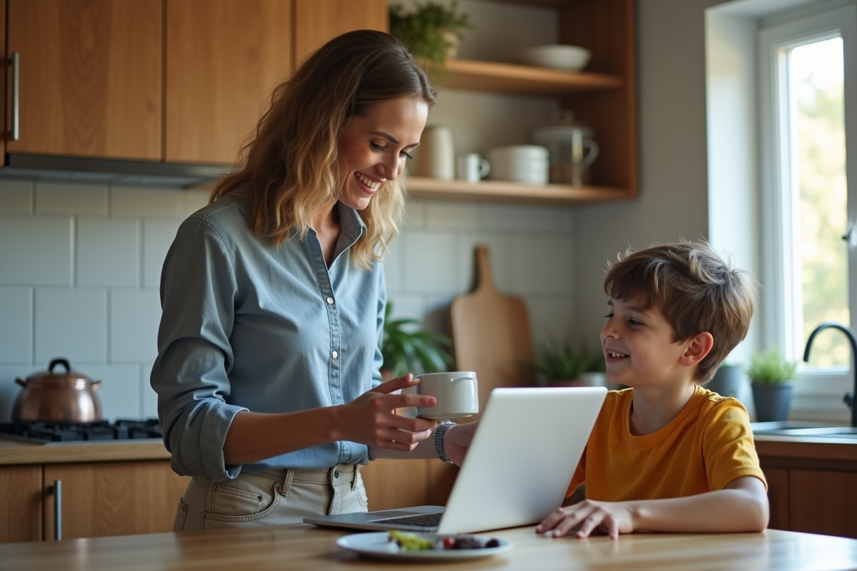 Femme montrant une alerte phishing à son adolescent dans la cuisine