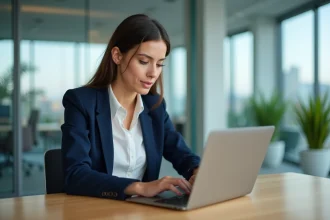 Femme professionnelle envoyant de gros fichiers depuis son bureau moderne avec un laptop, illustrant le transfert de fichiers volumineux à l'international