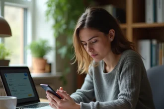 Femme consultant son smartphone pour restaurer des SMS effacés sur une application de messagerie