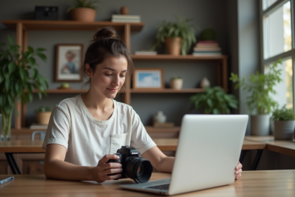 Jeune femme regardant ses photos avec un ordinateur