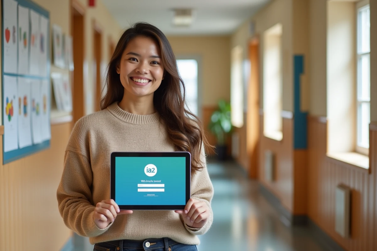 Femme souriante tenant une tablette dans un couloir scolaire