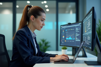 Femme professionnelle en suit navy utilisant un ordinateur dans un bureau moderne