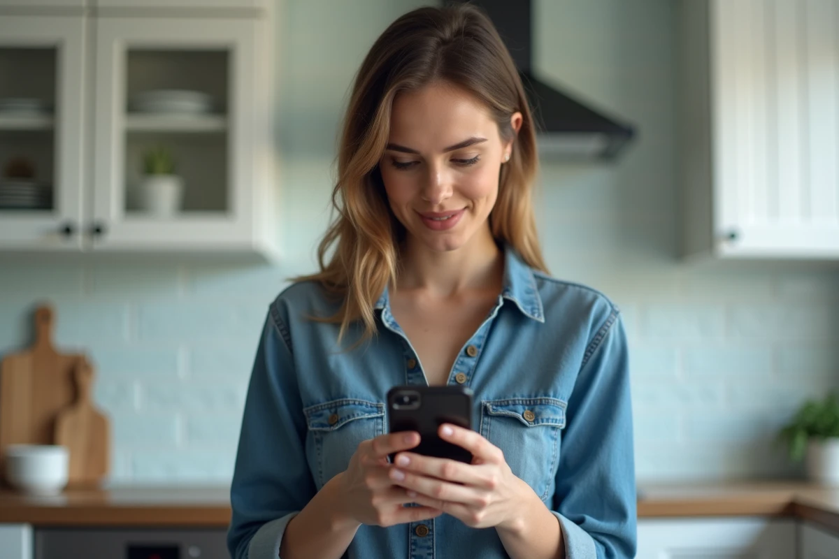 Femme tenant un smartphone Android dans une cuisine moderne, concentrée sur la configuration de son appareil