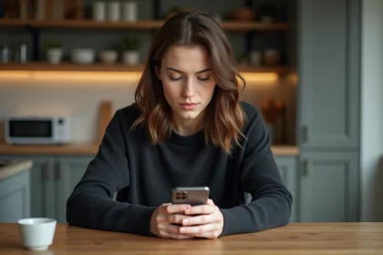 Femme dans la cuisine moderne utilisant son smartphone