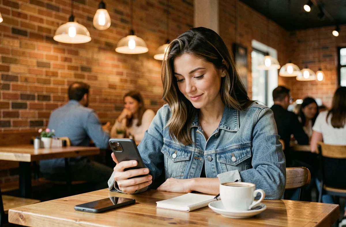 Une femme utilisant un smartphone double SIM économique dans un café pour séparer usage pro et personnel
