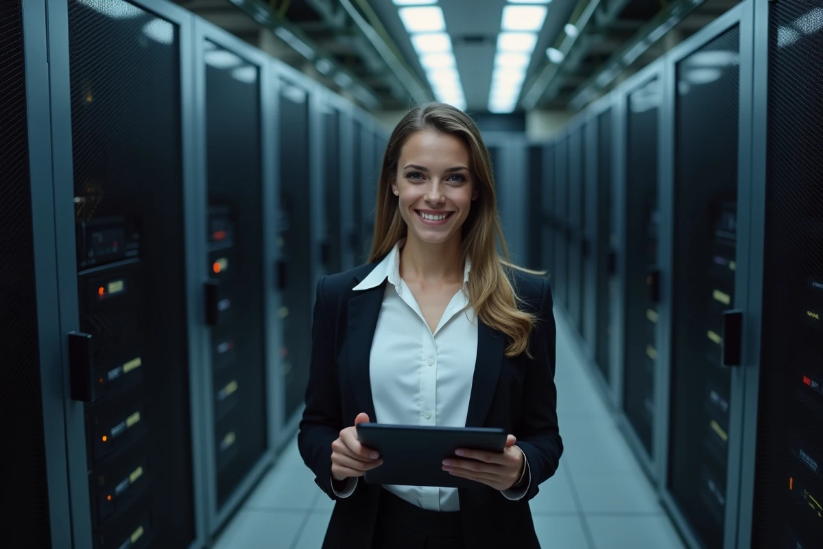 Jeune femme dans un centre de données avec tablette