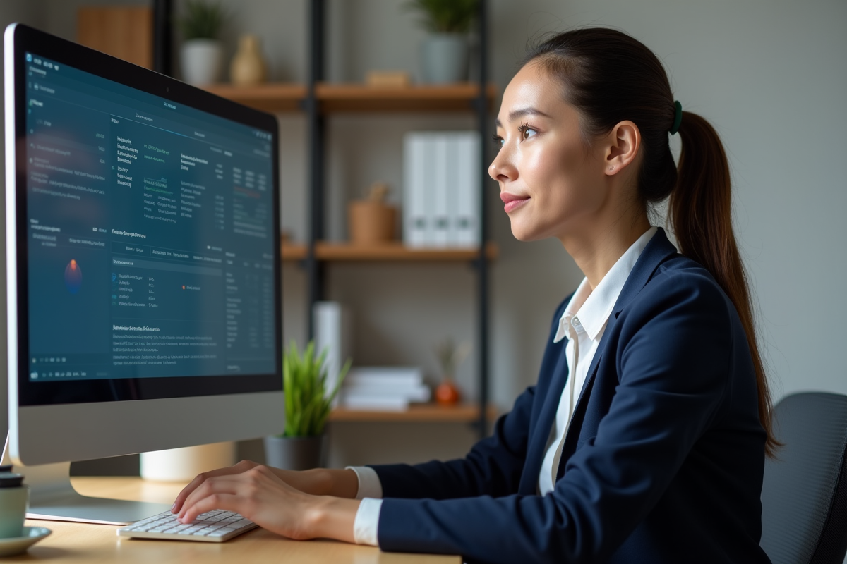 Jeune femme travaillant sur un tableau de bord AI dans son bureau