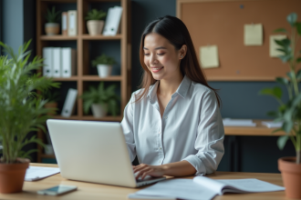 Femme souriante travaillant sur un ordinateur dans un bureau moderne