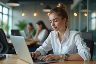 Jeune femme professionnelle travaille sur son ordinateur dans un espace coworking