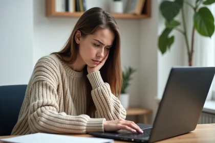 Jeune femme en télétravail frustrée devant son ordinateur