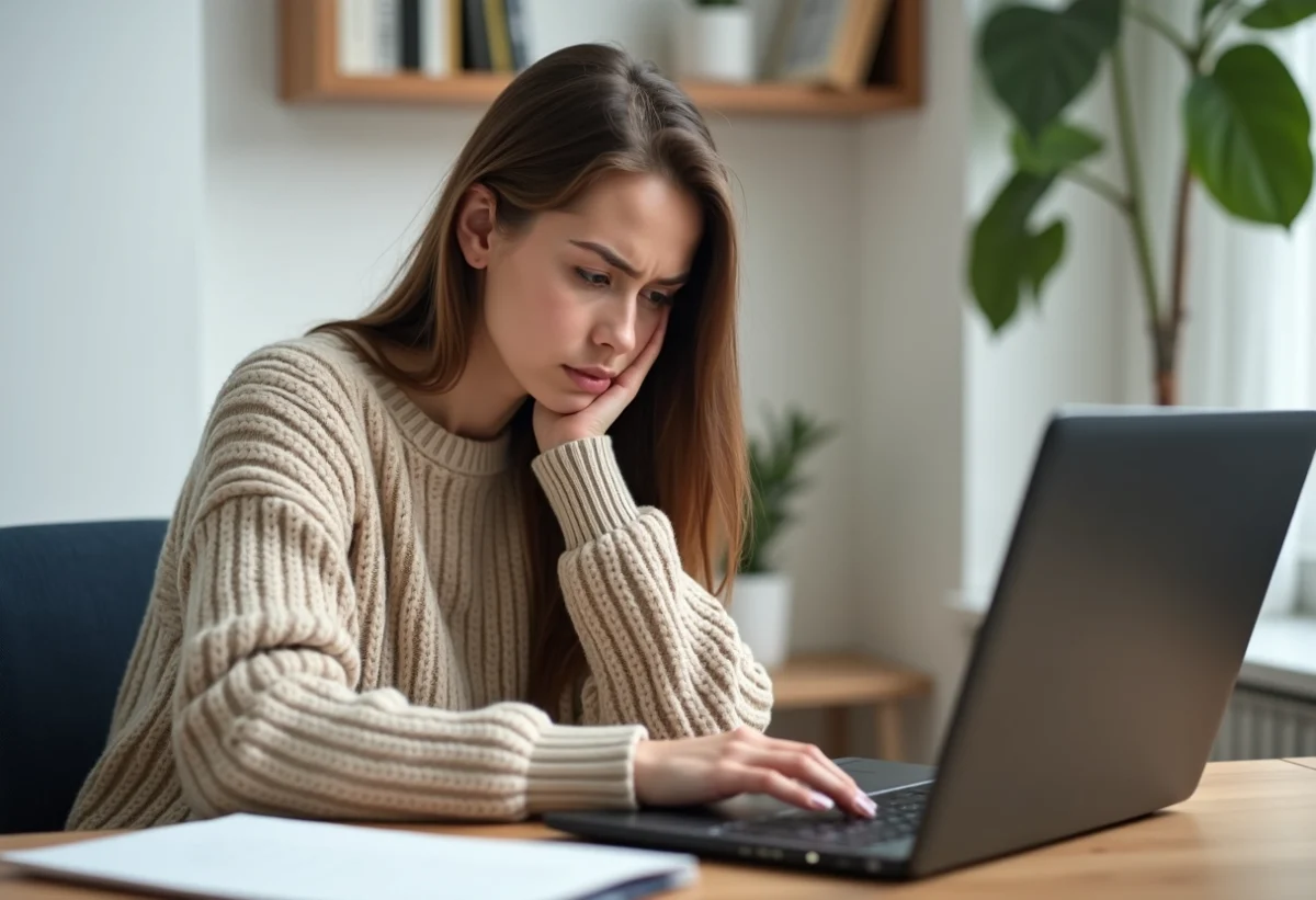 Jeune femme en télétravail frustrée devant son ordinateur