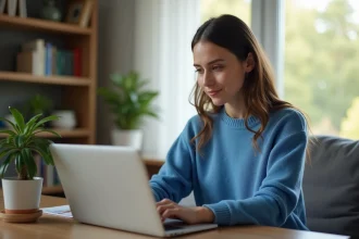 Jeune femme concentrée sur son ordinateur portable dans un salon cosy