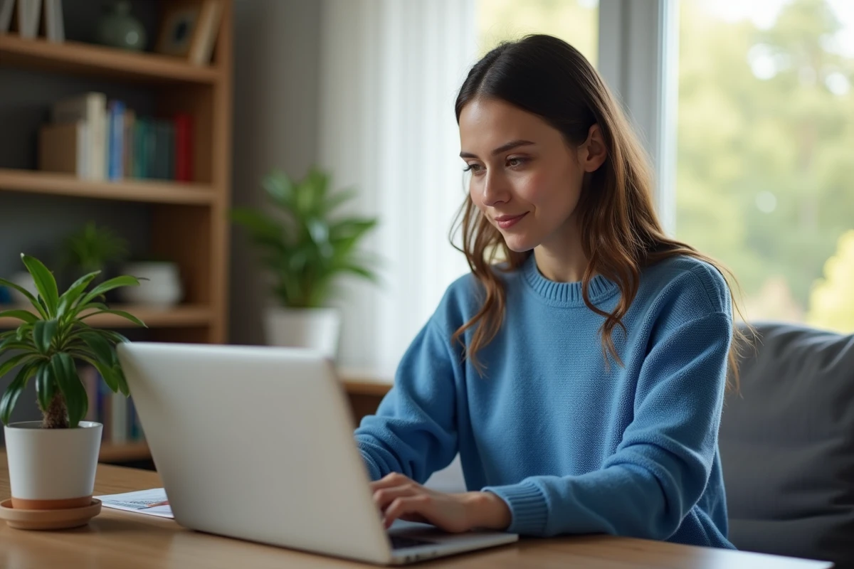 Jeune femme concentrée sur son ordinateur portable dans un salon cosy