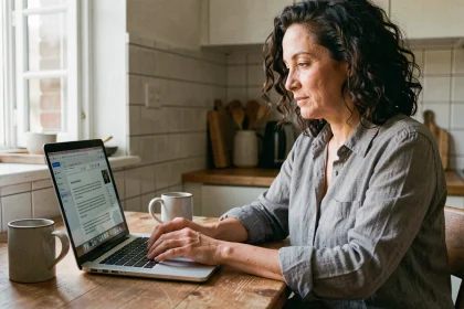 Femme utilisant un vieux MacBook avec un traitement de texte gratuit dans une cuisine lumineuse