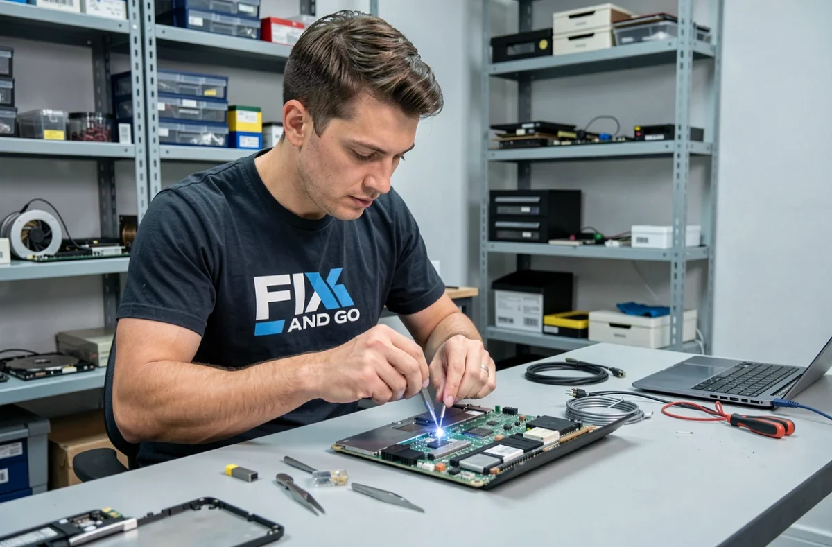 Technicien Fix and Go réparant une carte mère de laptop dans un atelier informatique spécialisé