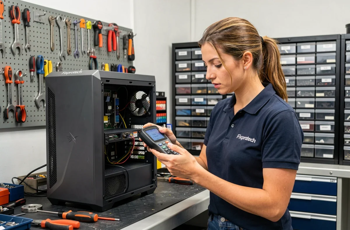 Technicienne Fixprotech effectuant un diagnostic sur un ordinateur de bureau dans un atelier professionnel