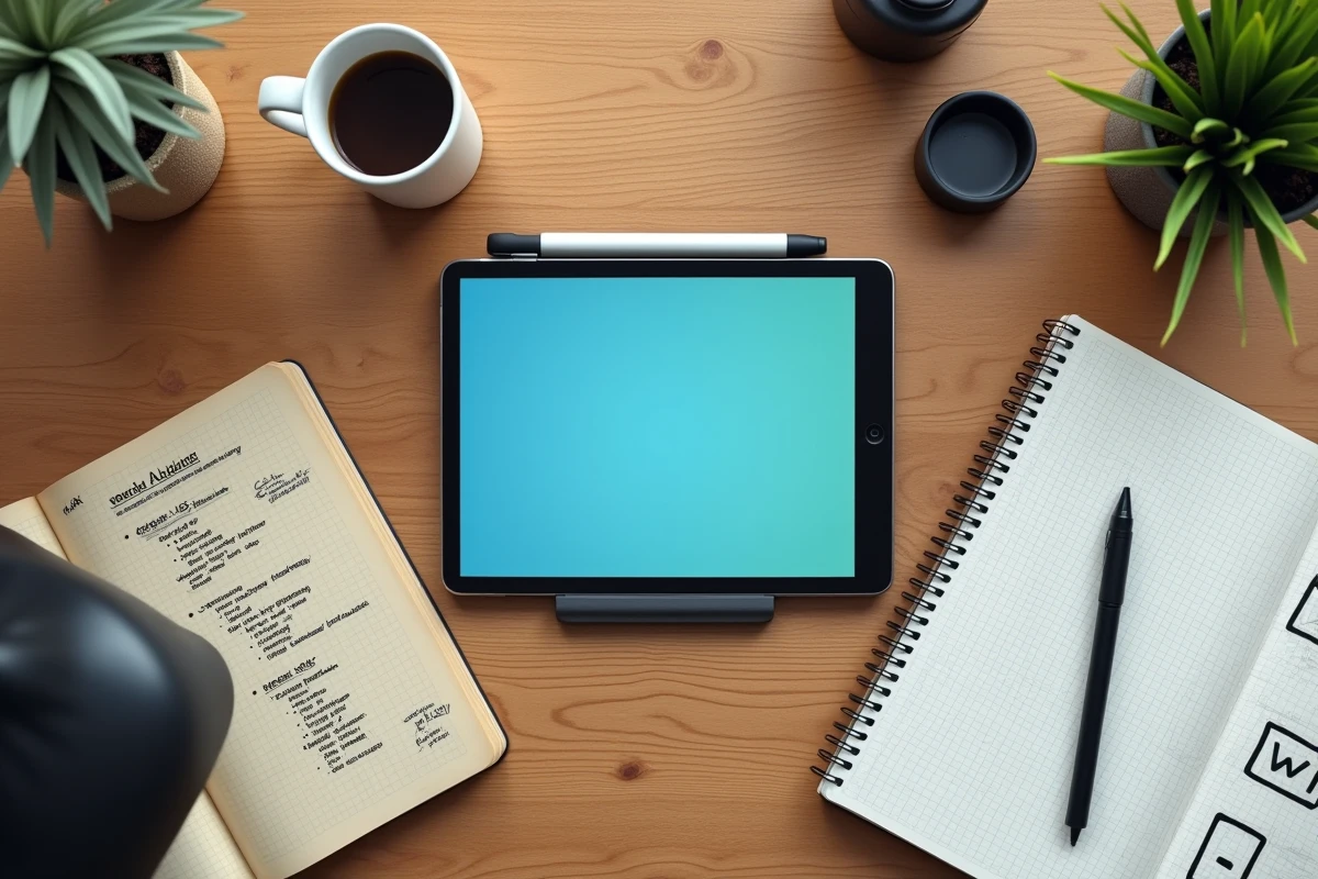 Vue aérienne d'un bureau avec une tablette affichant un header CSS sticky, des notes manuscrites de positionnement absolu et des croquis de mise en page web
