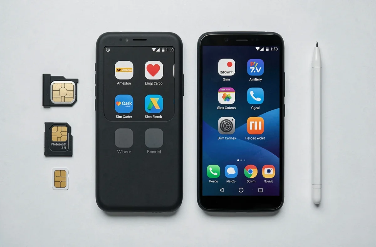 Vue de dessus de deux smartphones double SIM à moins de 200 euros avec cartes SIM sur un bureau blanc