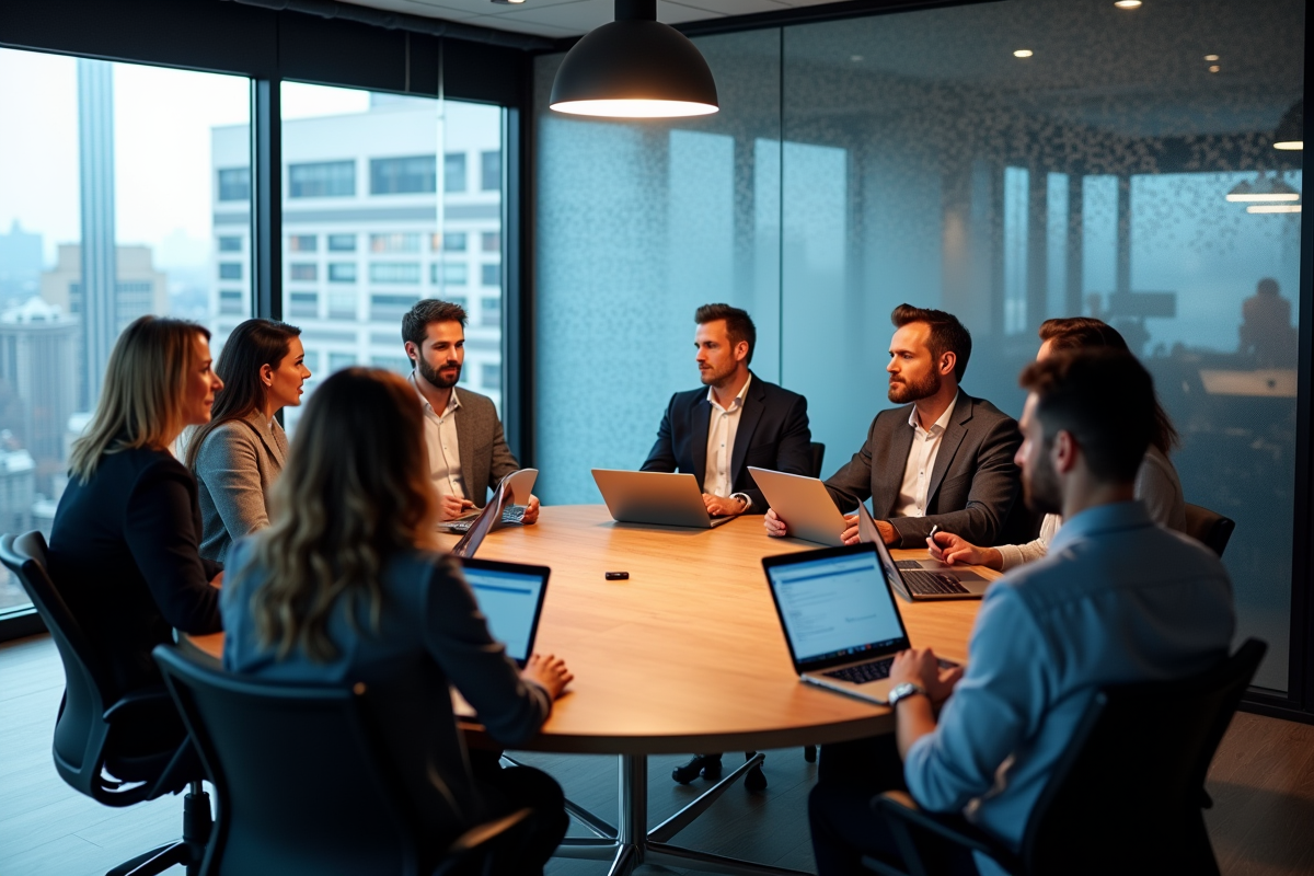 Groupe de personnes en formation dans un espace coworking dynamique