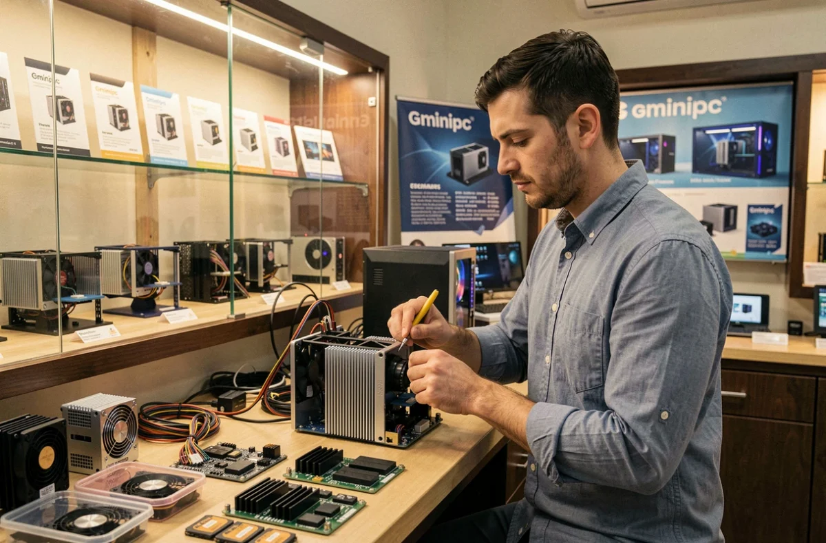 Spécialiste Gminipc assemblant un mini PC dans une boutique spécialisée en micro-informatique à Marseille