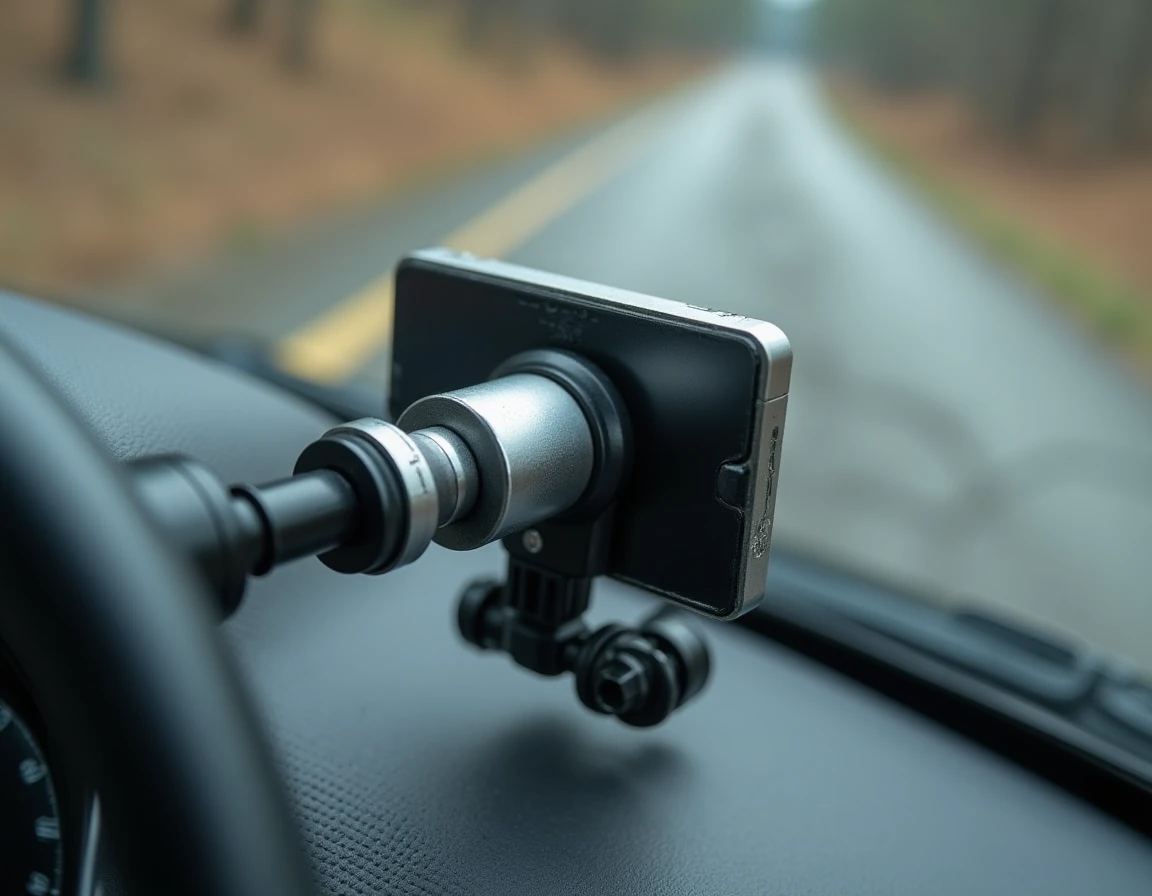 Gros plan sur les articulations métalliques d'un support RAM Mount pour dashcam à double rotule