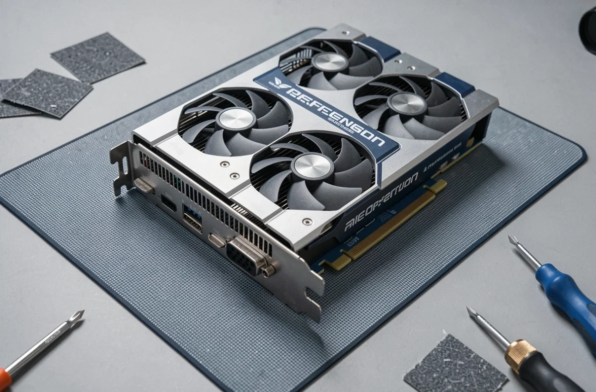 Gros plan sur une carte graphique RTX 5070 posée sur un tapis antistatique lors d'un test de drivers en 2026