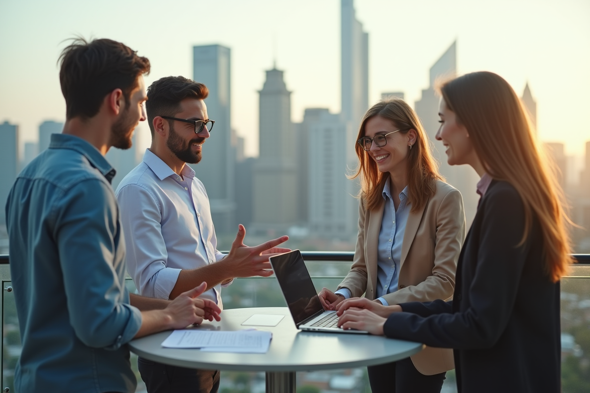 Groupe de jeunes professionnels en brainstorming en extérieur