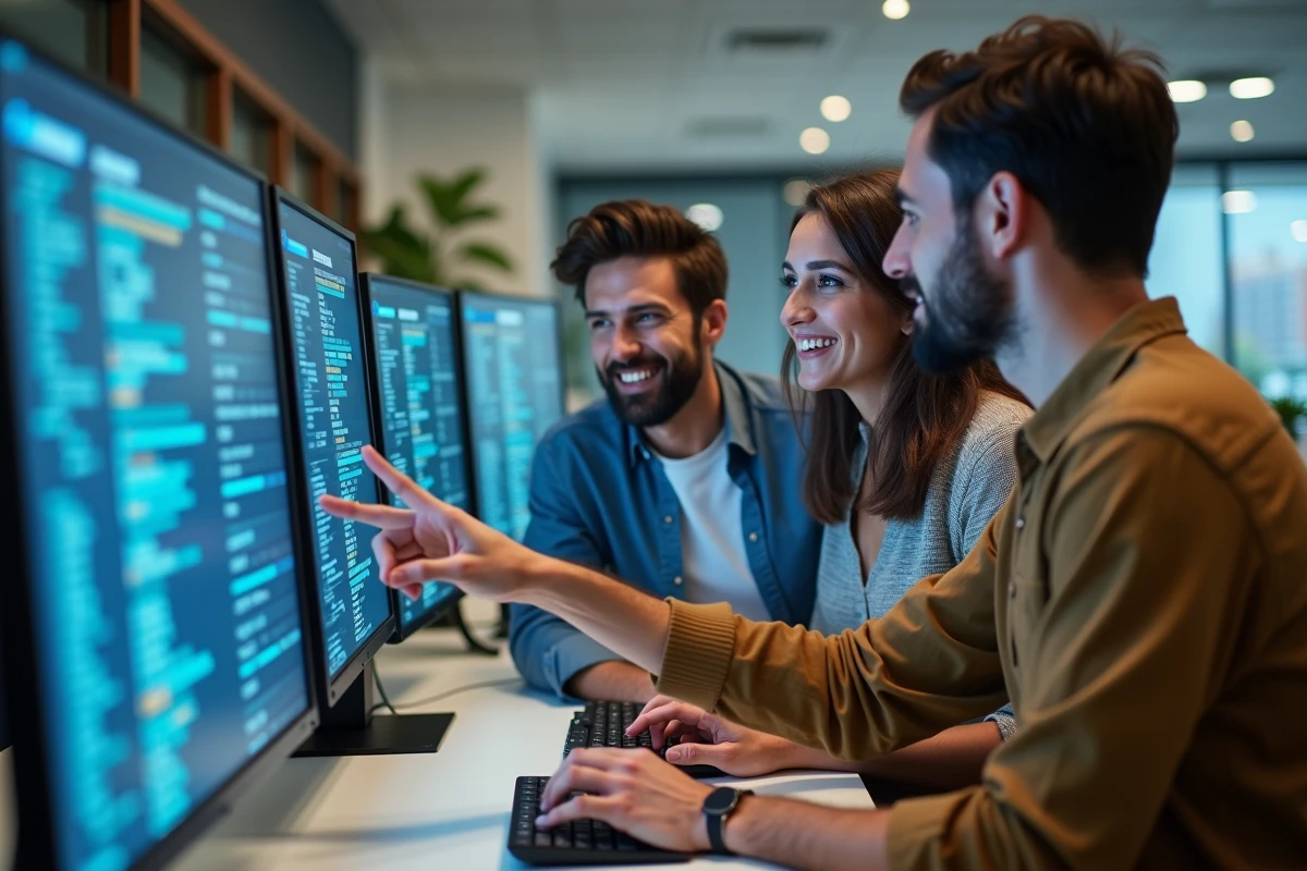 Trois amis regardant un écran de serveur dans un bureau lumineux
