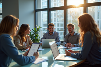 Groupe de professionnels collaborant autour d'une table moderne