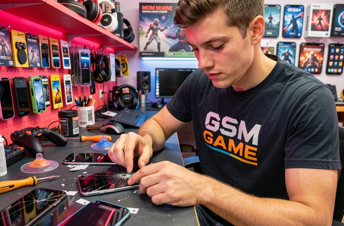 Technicien GSM Game remplaçant l'écran fissuré d'un smartphone dans une boutique de réparation mobile à Marseille