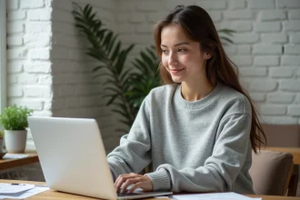 Jeune femme utilisant un ordinateur portable pour héberger des images en ligne via une interface web